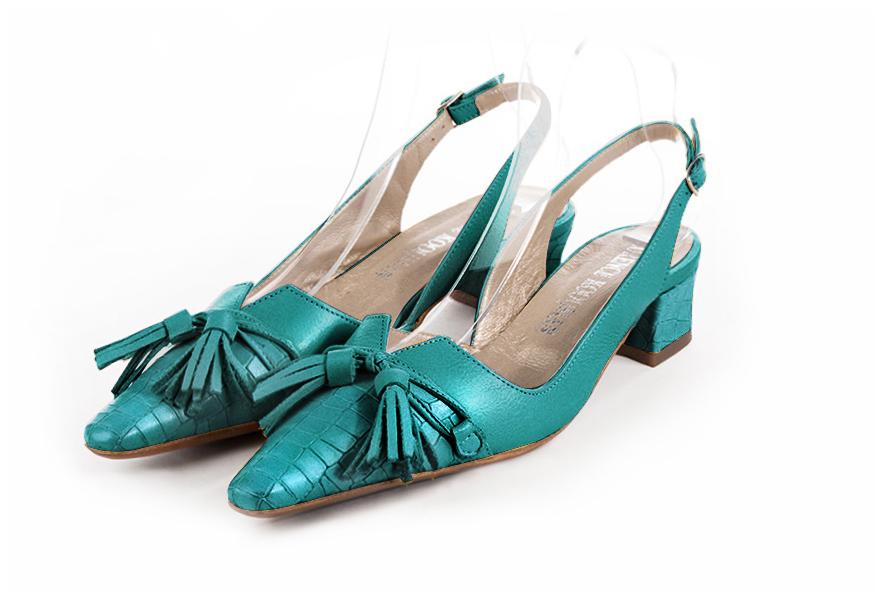 Turquoise blue women's open back shoes, with a knot. Tapered toe. Low kitten heels. Front view - Florence KOOIJMAN